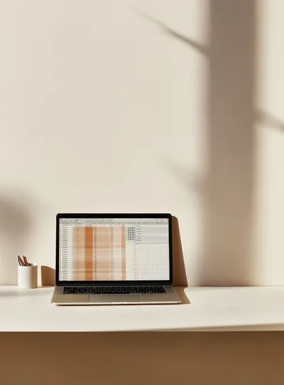 Laptop Displaying Spreadsheet Data On Minimalist Desk