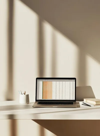 Laptop With Spreadsheet On Desk In Sunlight