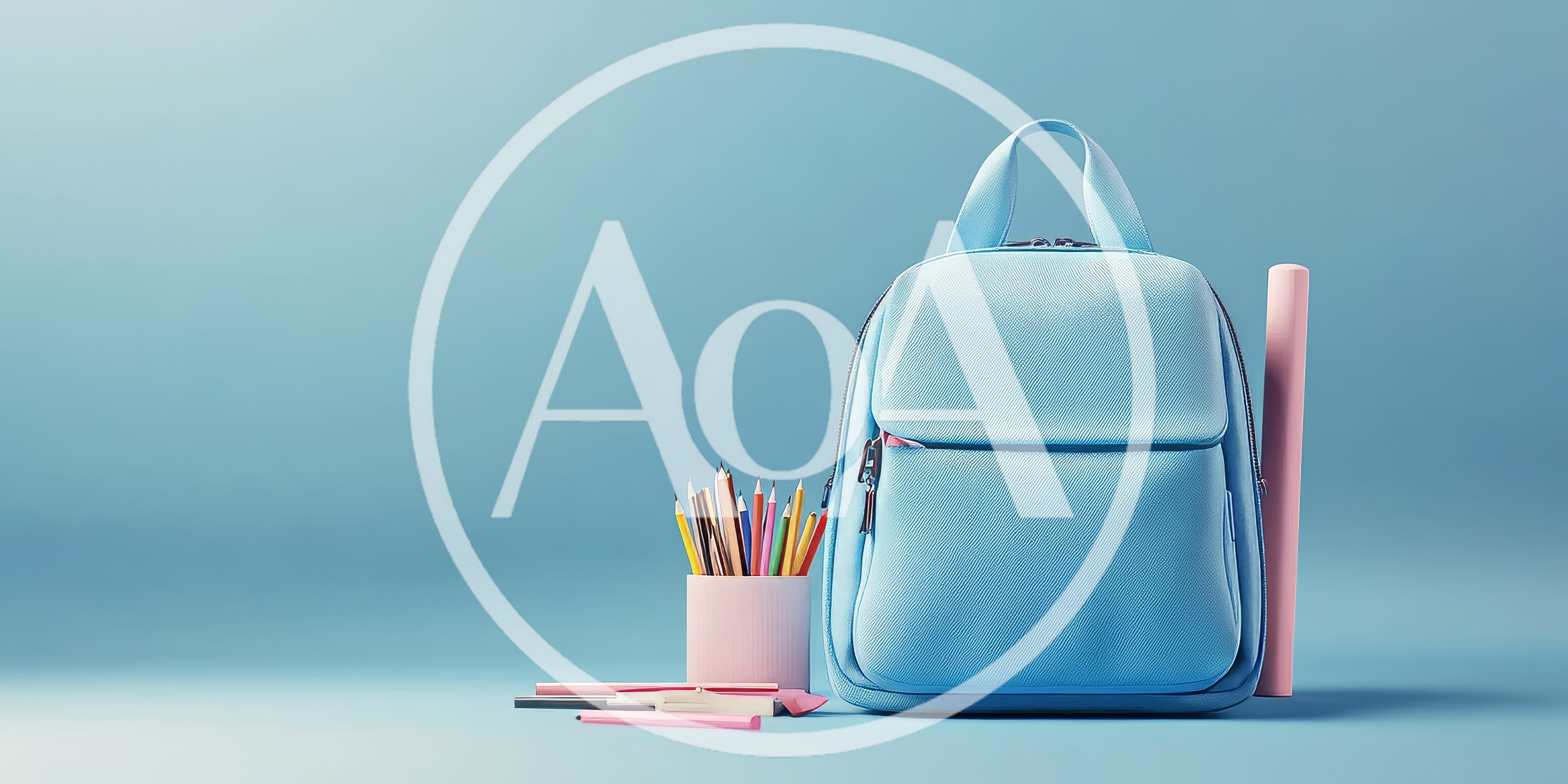 Light Blue Backpack With School Supplies On Blue Background