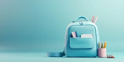 Light Blue Backpack With School Supplies On Solid Background