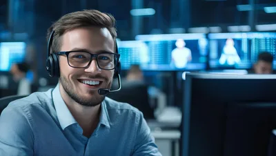 Smiling Male Customer Support Representative Working In Office