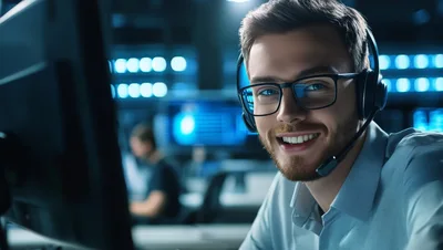 Smiling Male Customer Support Representative Working In Office