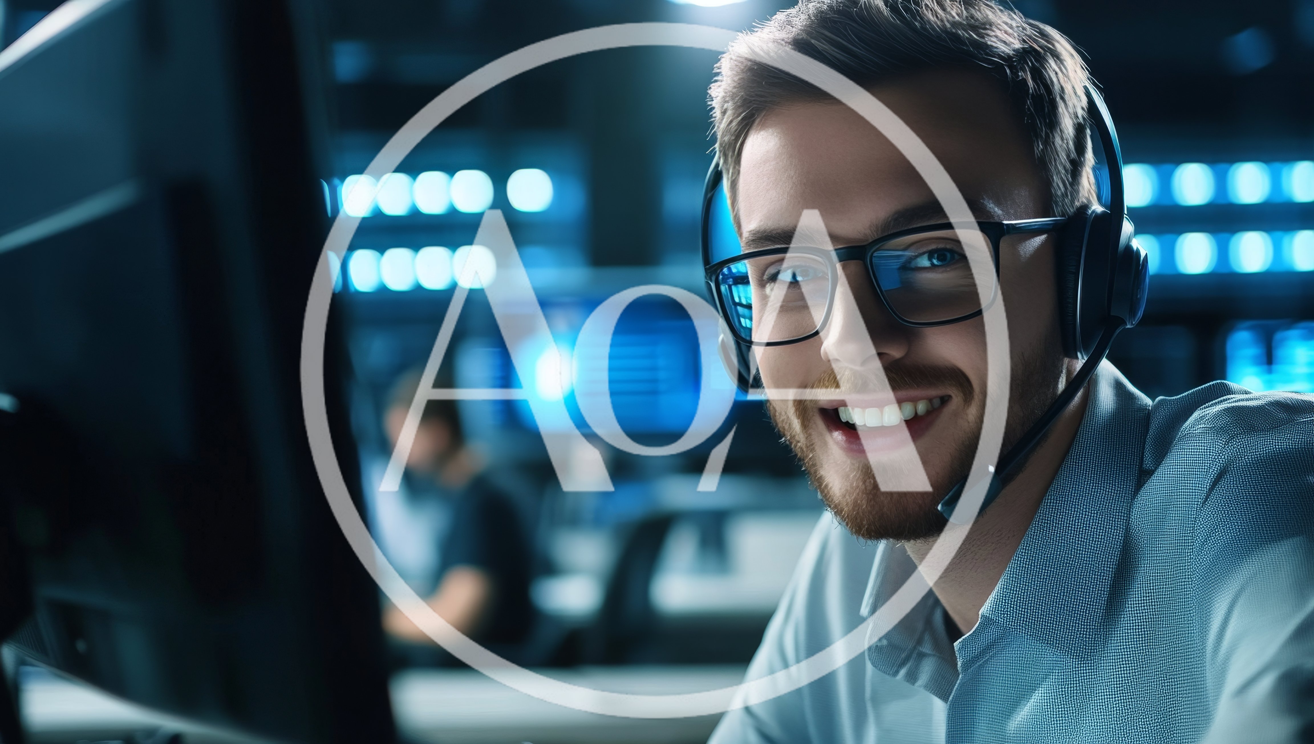 Smiling Male Customer Support Representative Working In Office