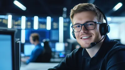 Smiling Male IT Support Specialist Wearing Headset