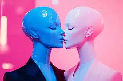 Two Glossy Mannequins Kissing In Pink And Blue Lighting