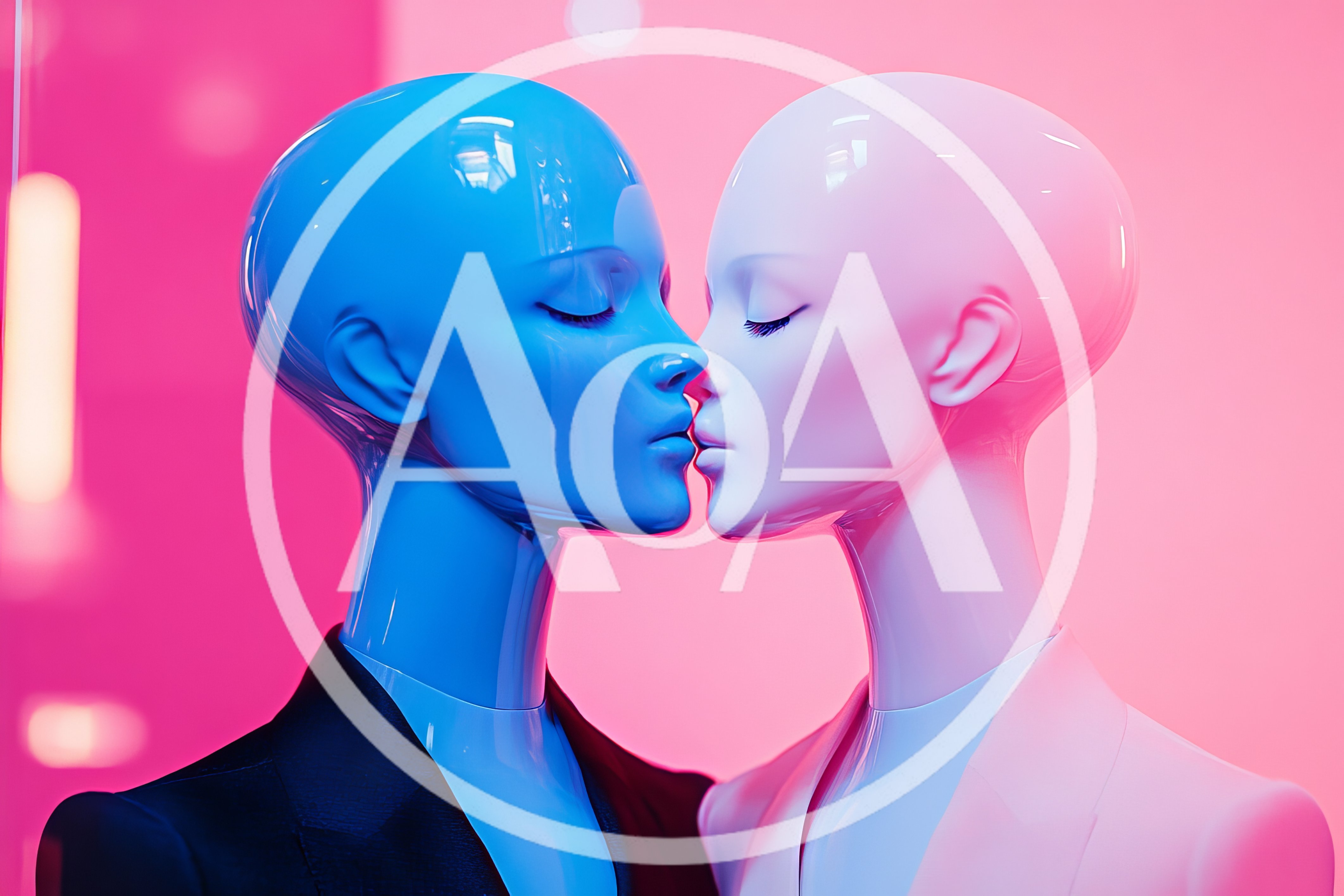 Two Glossy Mannequins Kissing In Pink And Blue Lighting
