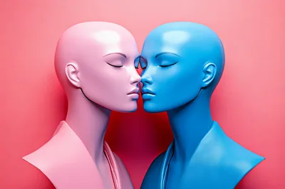 Pink And Blue Mannequin Heads Facing Each Other