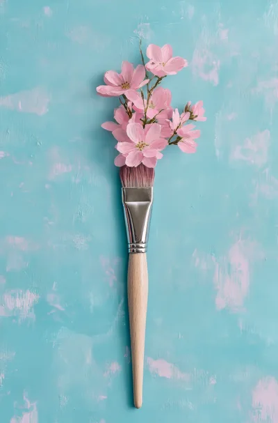 Paintbrush With Pink Flowers On Textured Blue Background