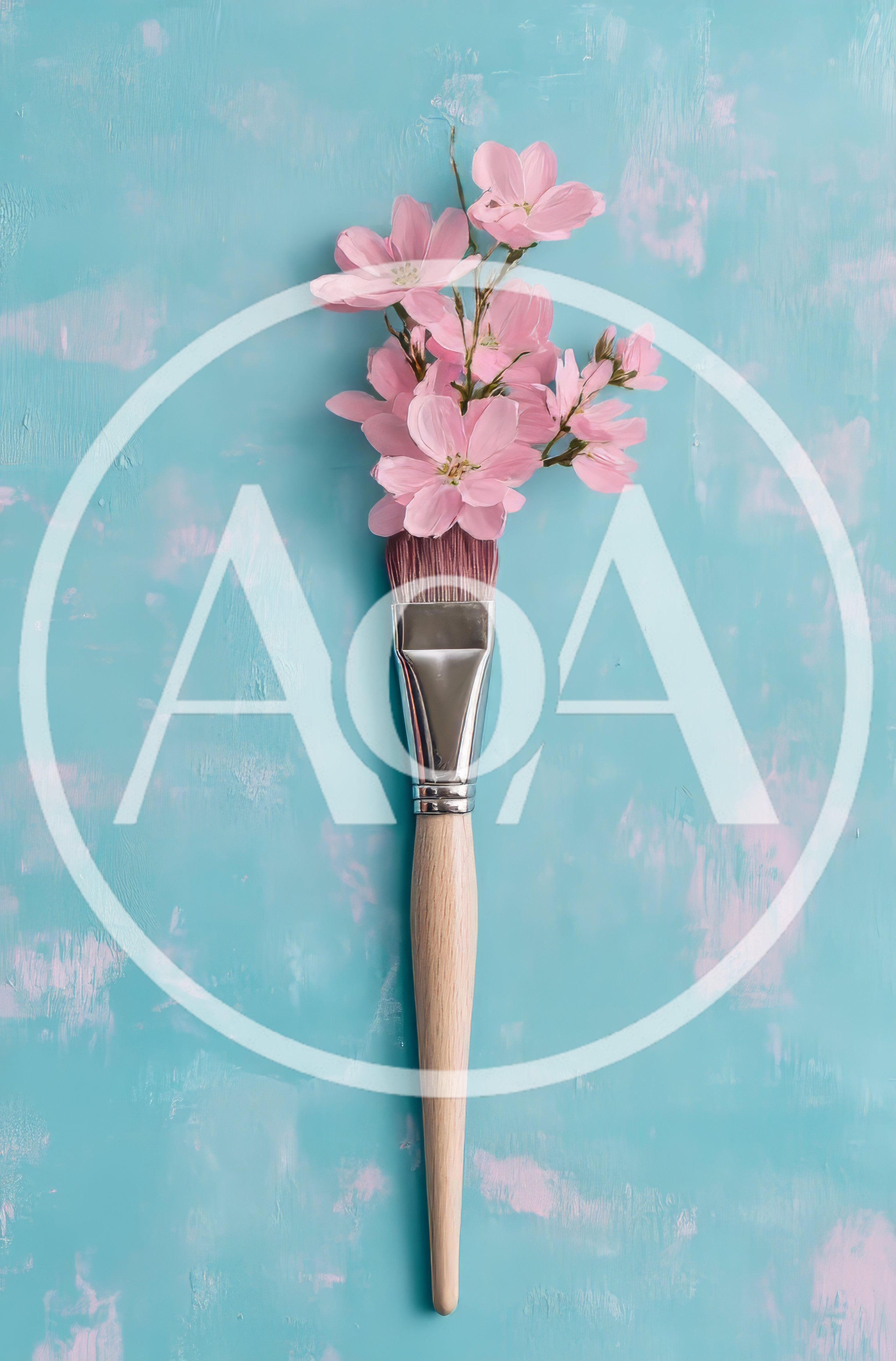 Paintbrush With Pink Flowers On Textured Blue Background