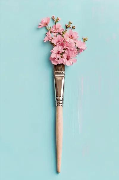 Paintbrush With Pink Flowers On Light Blue Background