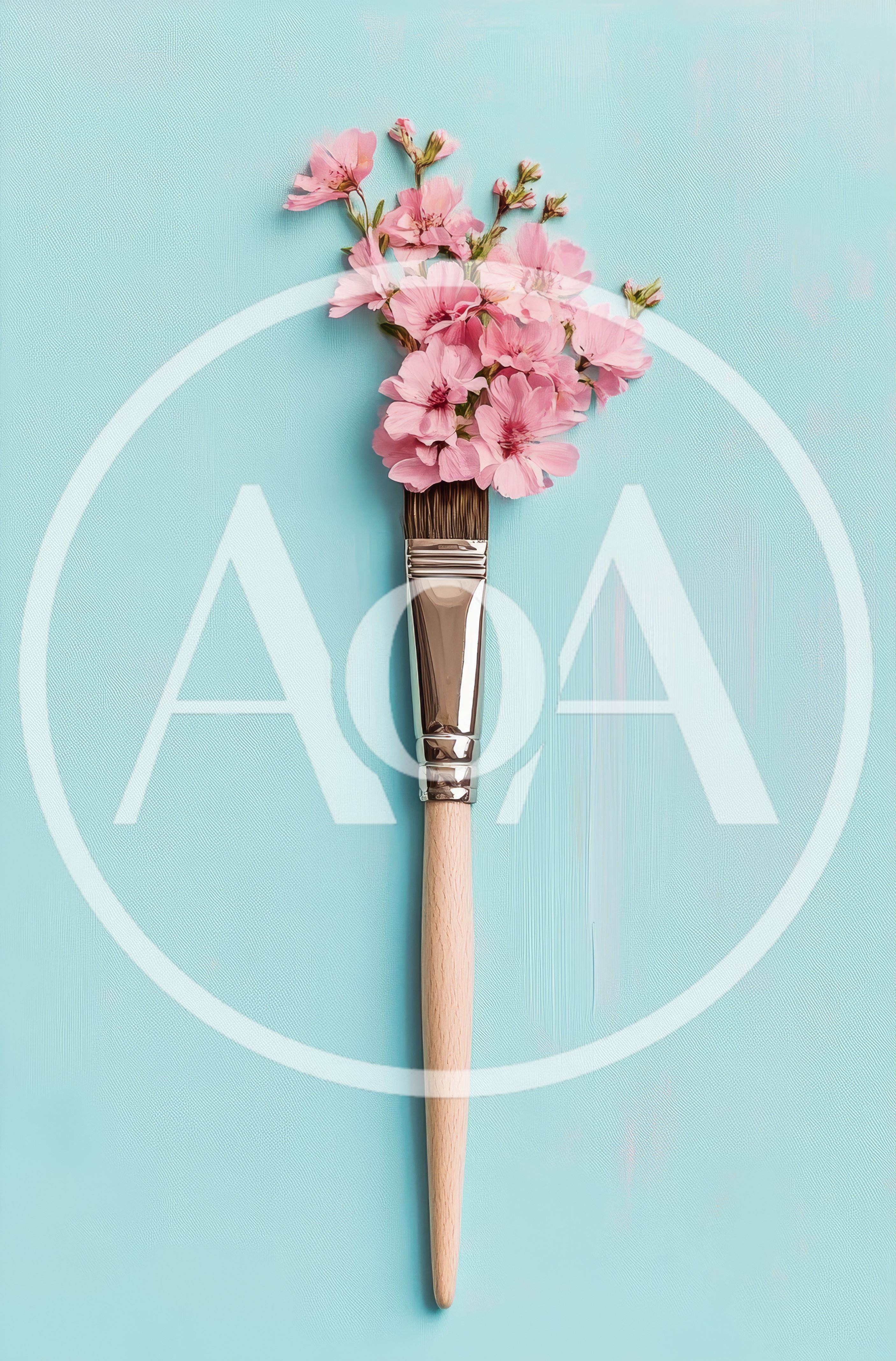 Paintbrush With Pink Flowers On Light Blue Background