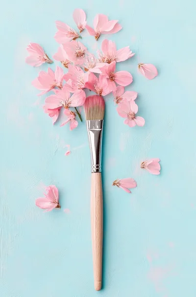 Makeup Brush With Pink Flower Petals On Blue Background