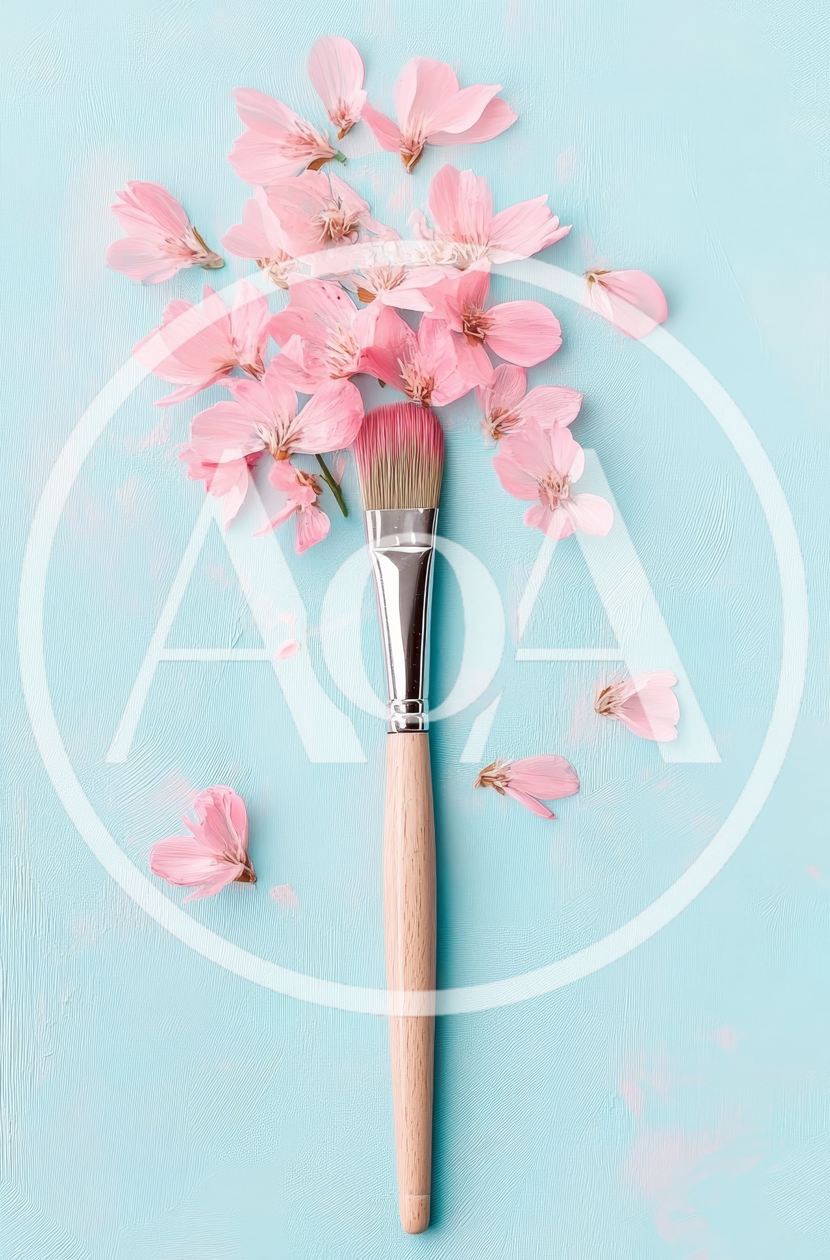 Makeup Brush With Pink Flower Petals On Blue Background