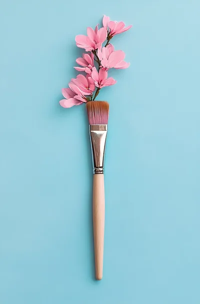Paintbrush With Pink Flowers On Blue Background