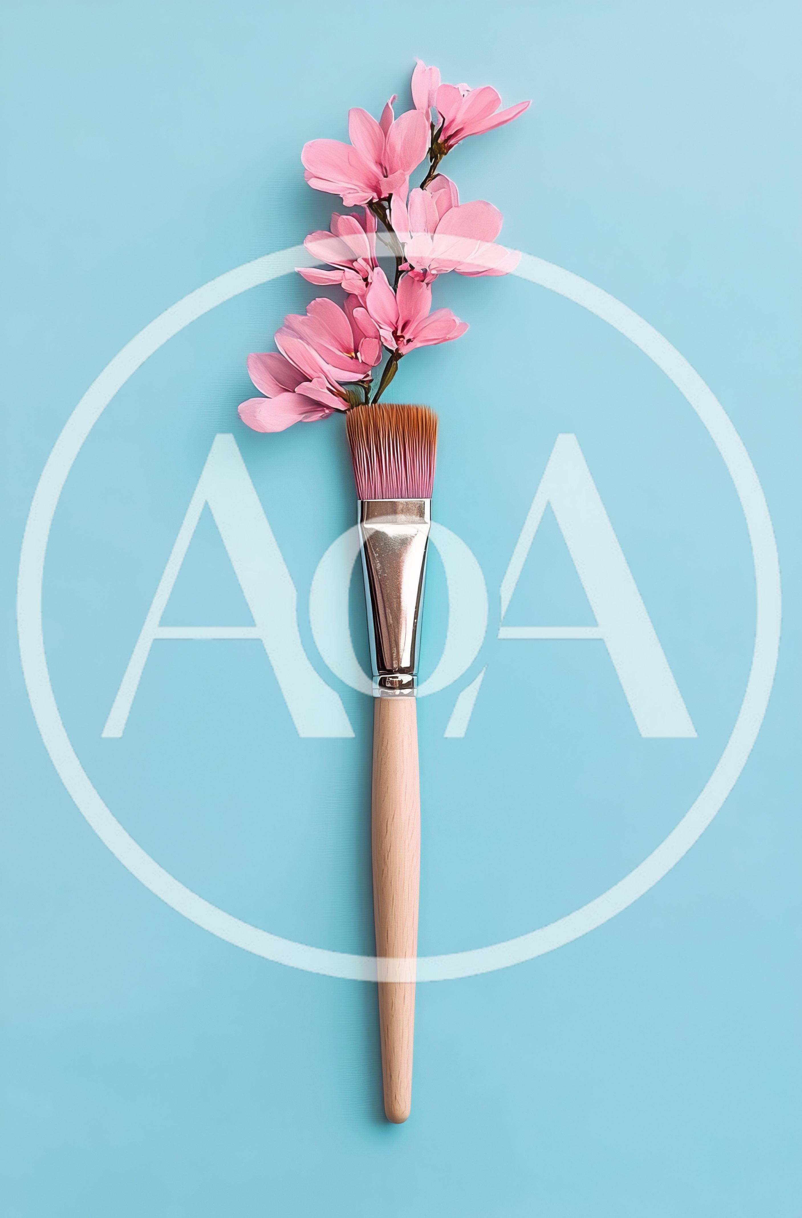 Paintbrush With Pink Flowers On Blue Background