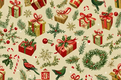 Christmas Holiday Seamless Pattern With Gifts And Birds