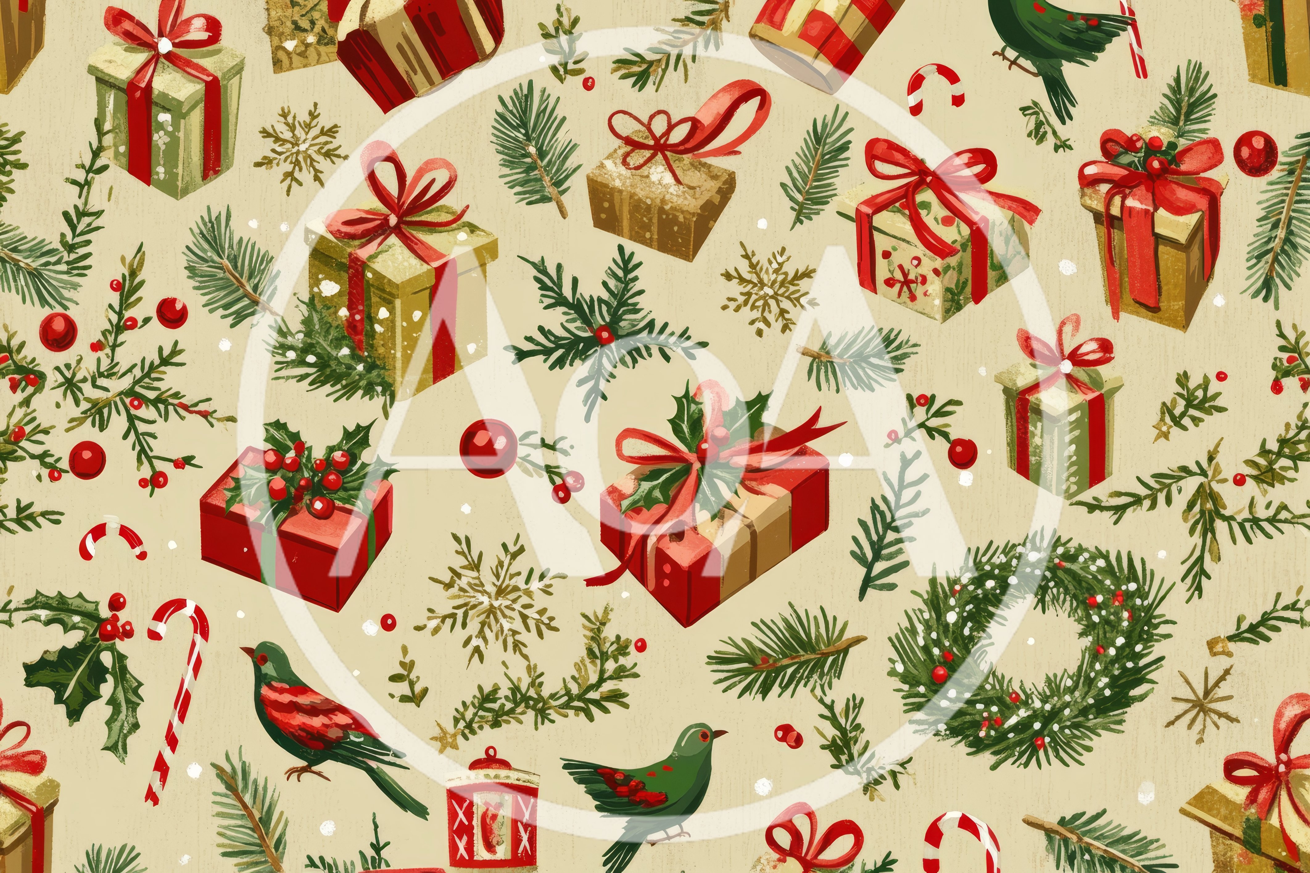 Christmas Holiday Seamless Pattern With Gifts And Birds