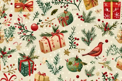 Christmas Holiday Seamless Pattern With Gifts And Birds