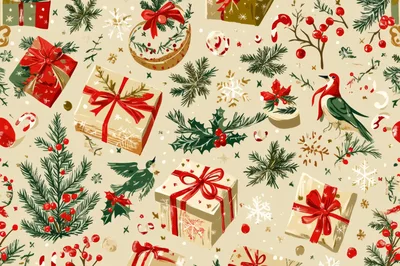 Seamless Christmas Pattern With Gifts And Birds