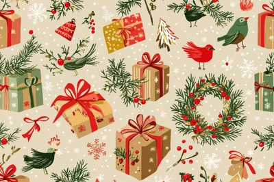Christmas Holiday Seamless Pattern With Gifts And Birds