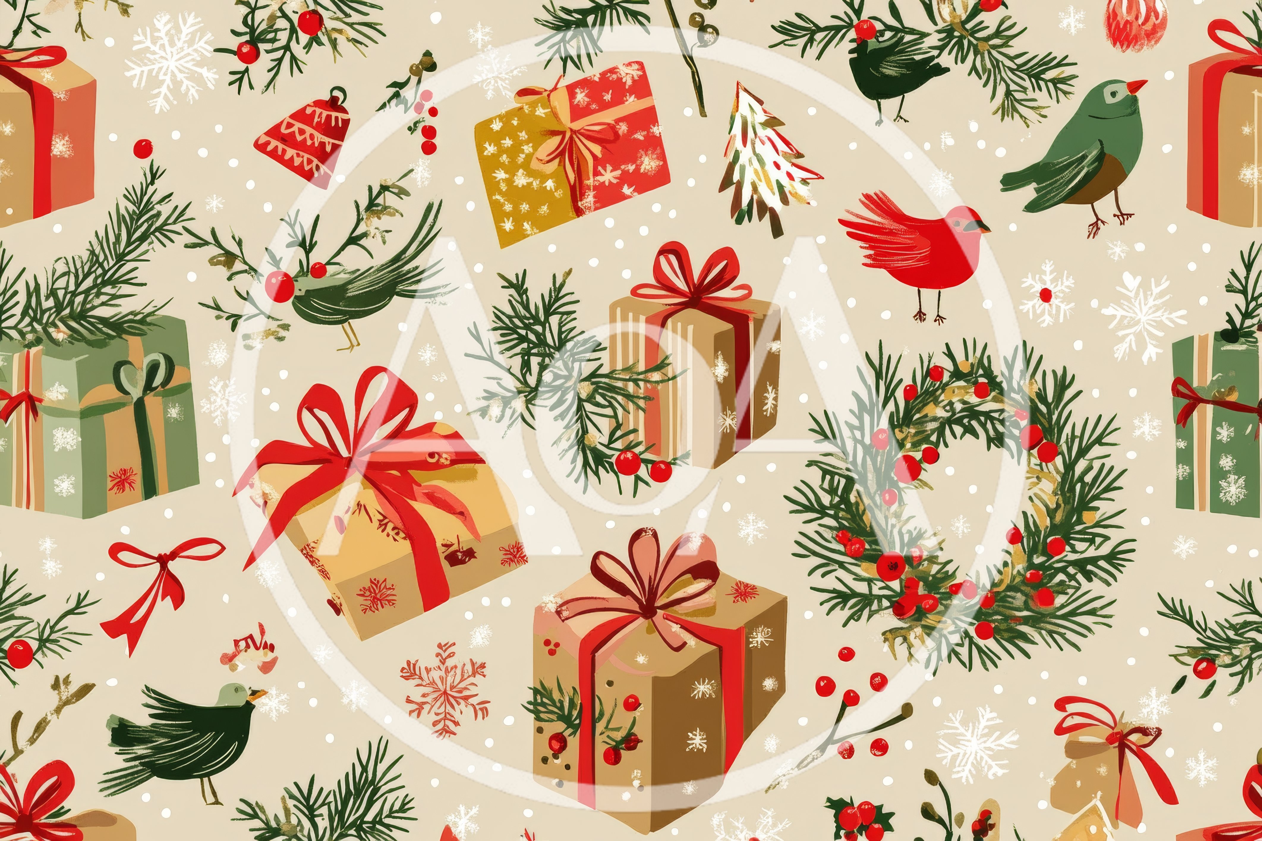 Christmas Holiday Seamless Pattern With Gifts And Birds