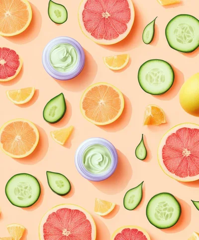 Flat Lay Composition of Skincare Cream and Fresh Fruit