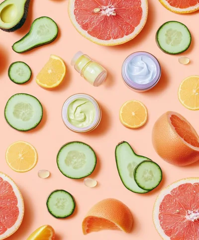 Flat Lay Composition of Skincare Products and Fresh Fruit