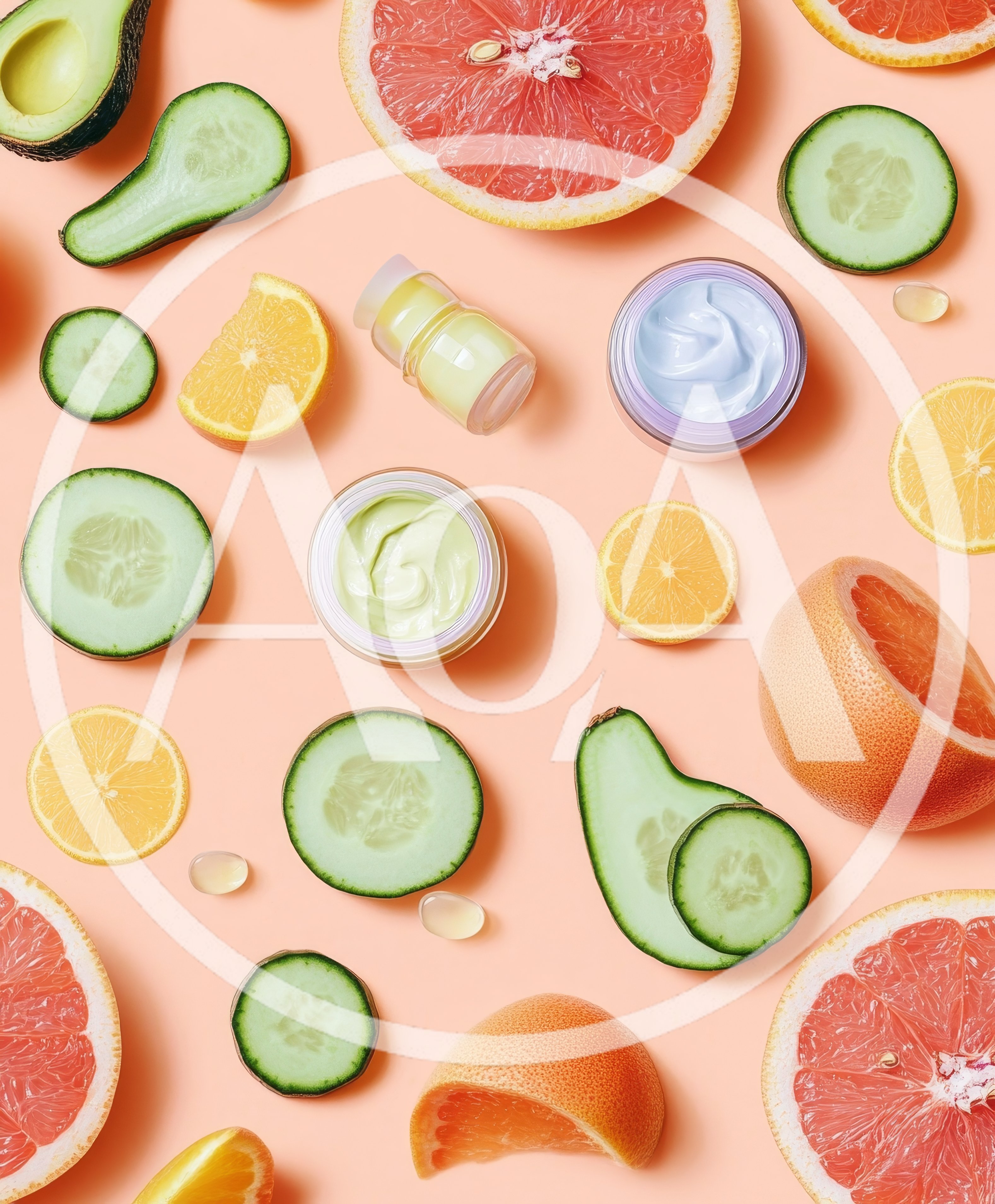 Flat Lay Composition of Skincare Products and Fresh Fruit