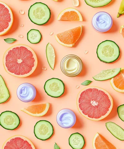 Flat Lay Composition of Skincare Products and Fresh Fruit