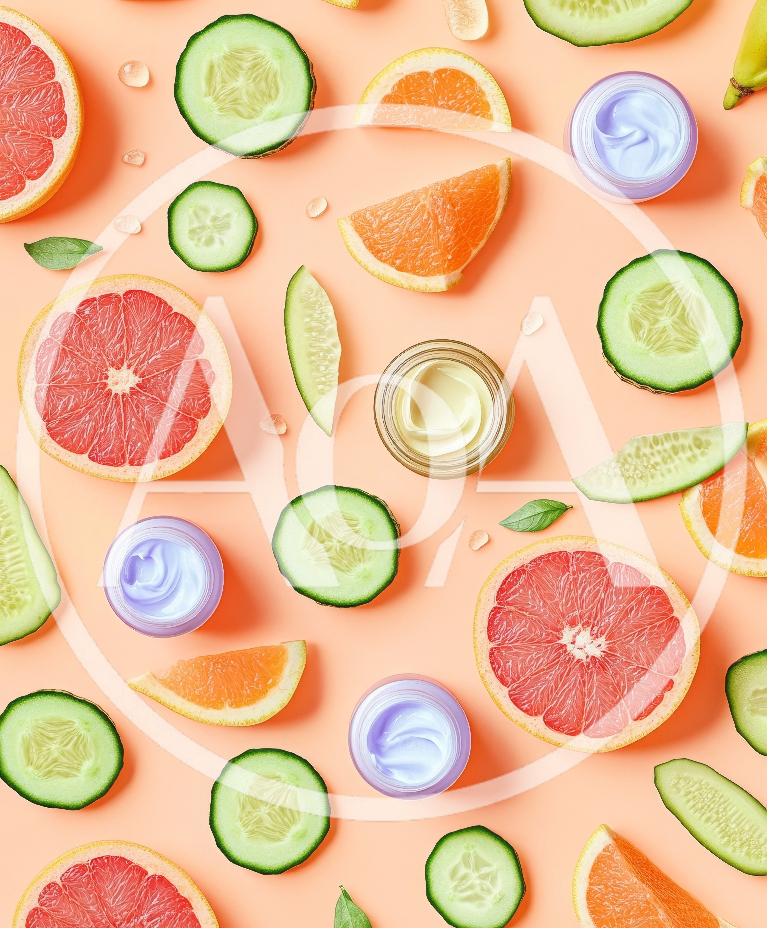 Flat Lay Composition of Skincare Products and Fresh Fruit