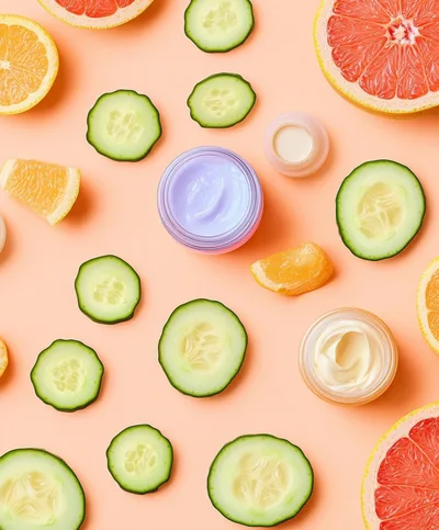 Skincare Products With Fresh Cucumber And Citrus Slices