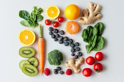 Fresh Fruits And Vegetables Arranged On White Background