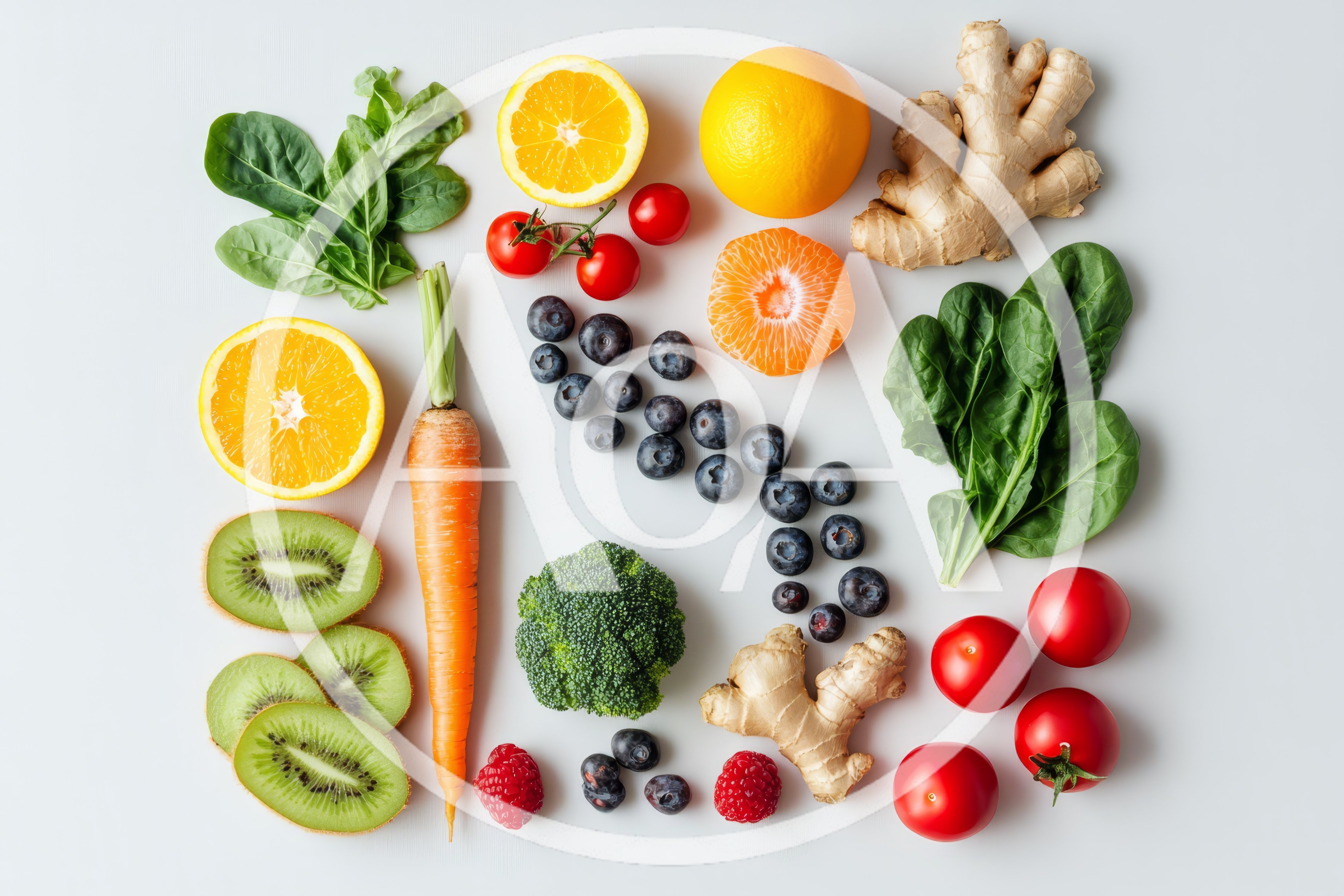 Fresh Fruits And Vegetables Arranged On White Background