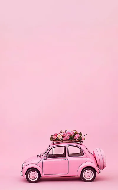 Pink Toy Car With Flower Bouquet On Roof