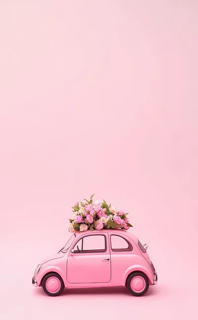 Pink Toy Car Carrying A Bouquet Of Roses