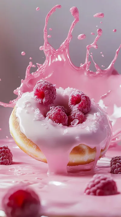 Raspberry Donut With Pink Glaze Splash