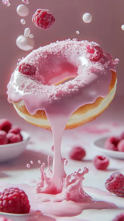Floating Raspberry Glazed Donut With Dripping Icing