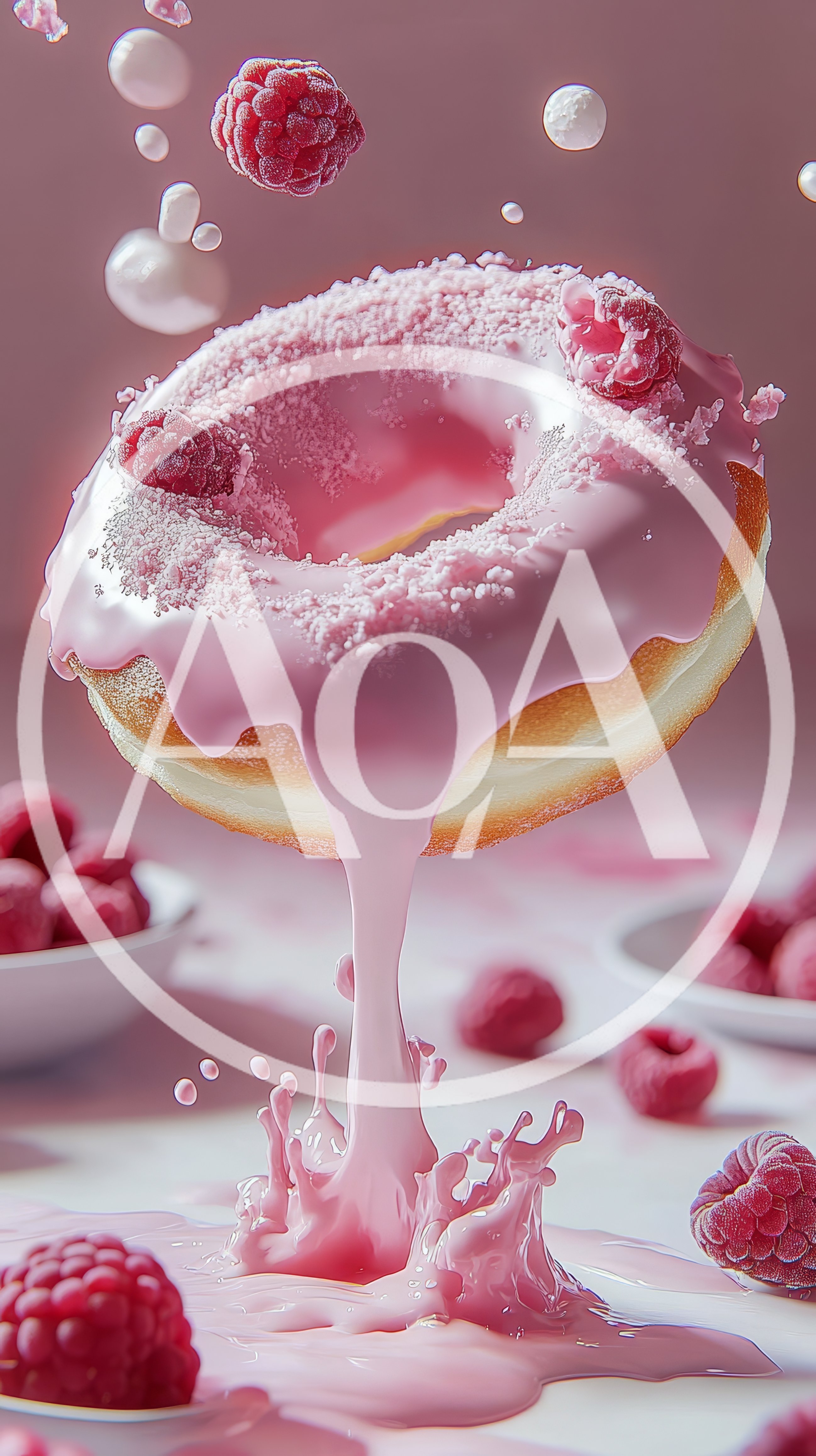 Floating Raspberry Glazed Donut With Dripping Icing