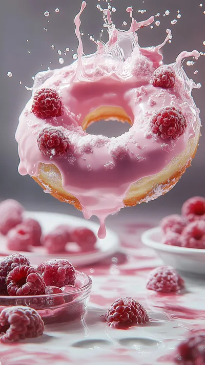 Floating Raspberry Glazed Donut With Fruit Splash