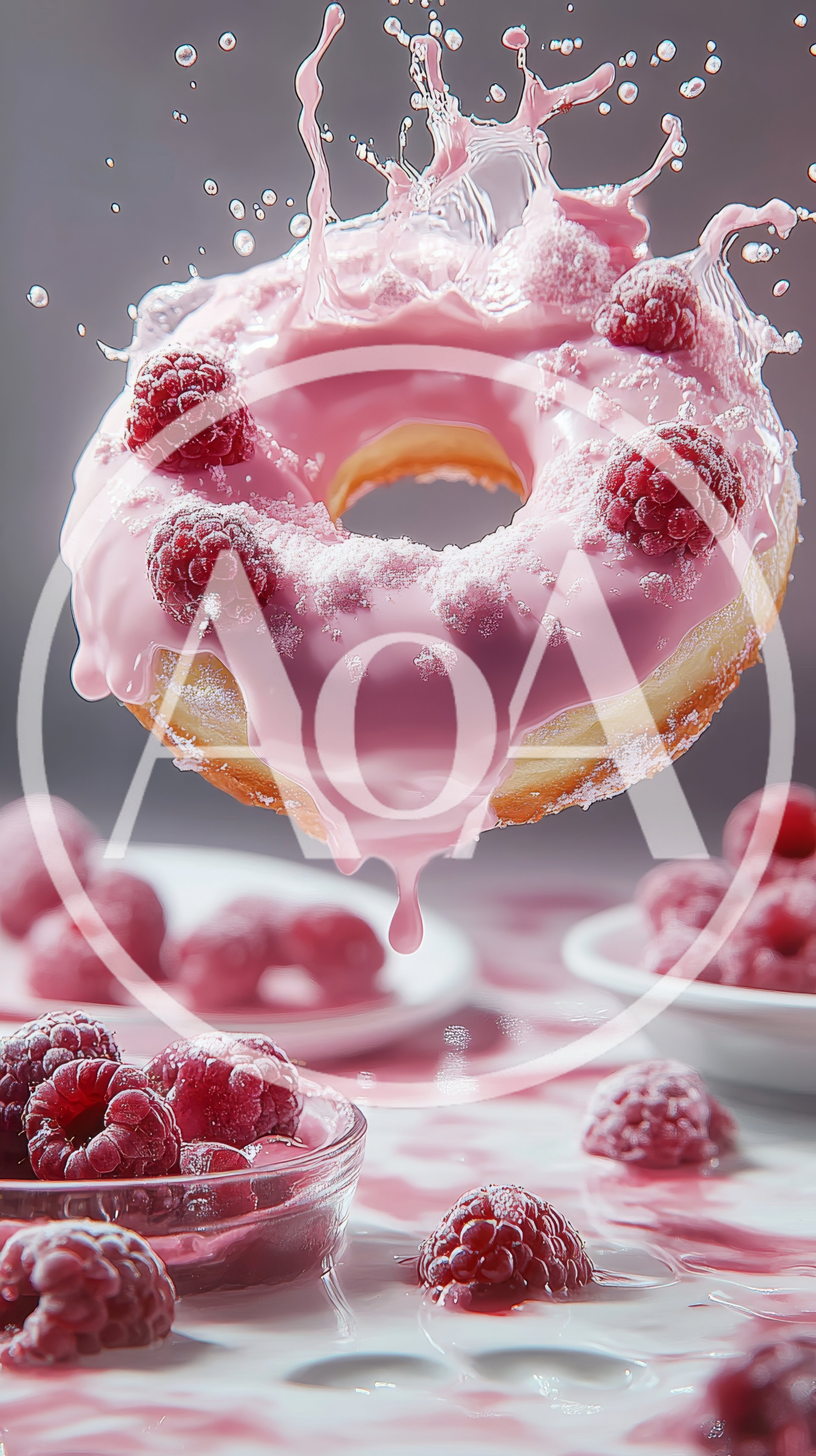 Floating Raspberry Glazed Donut With Fruit Splash