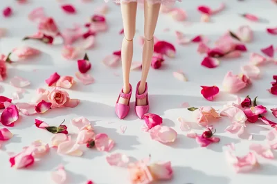 Doll Legs Standing Among Scattered Pink Rose Petals