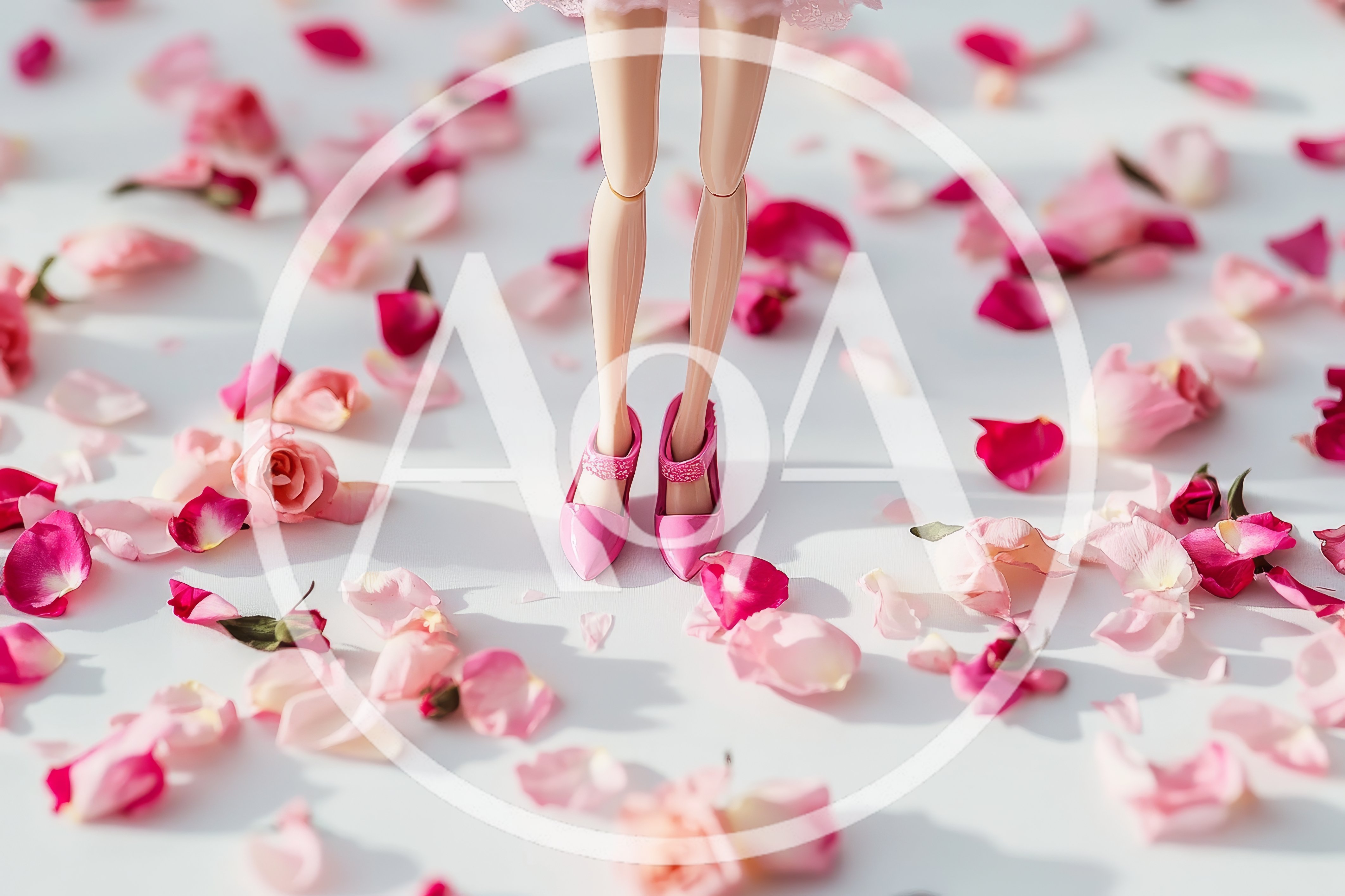 Doll Legs Standing Among Scattered Pink Rose Petals