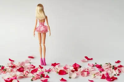 Barbie Doll Standing Among Scattered Rose Petals