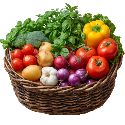 Fresh Organic Vegetables In A Woven Wicker Basket
