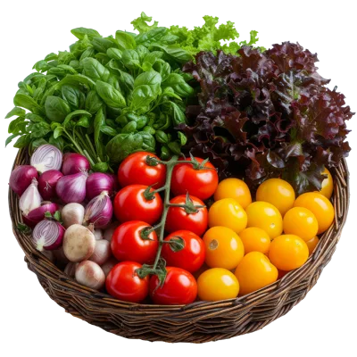 Fresh Vegetables And Herbs In A Wicker Basket