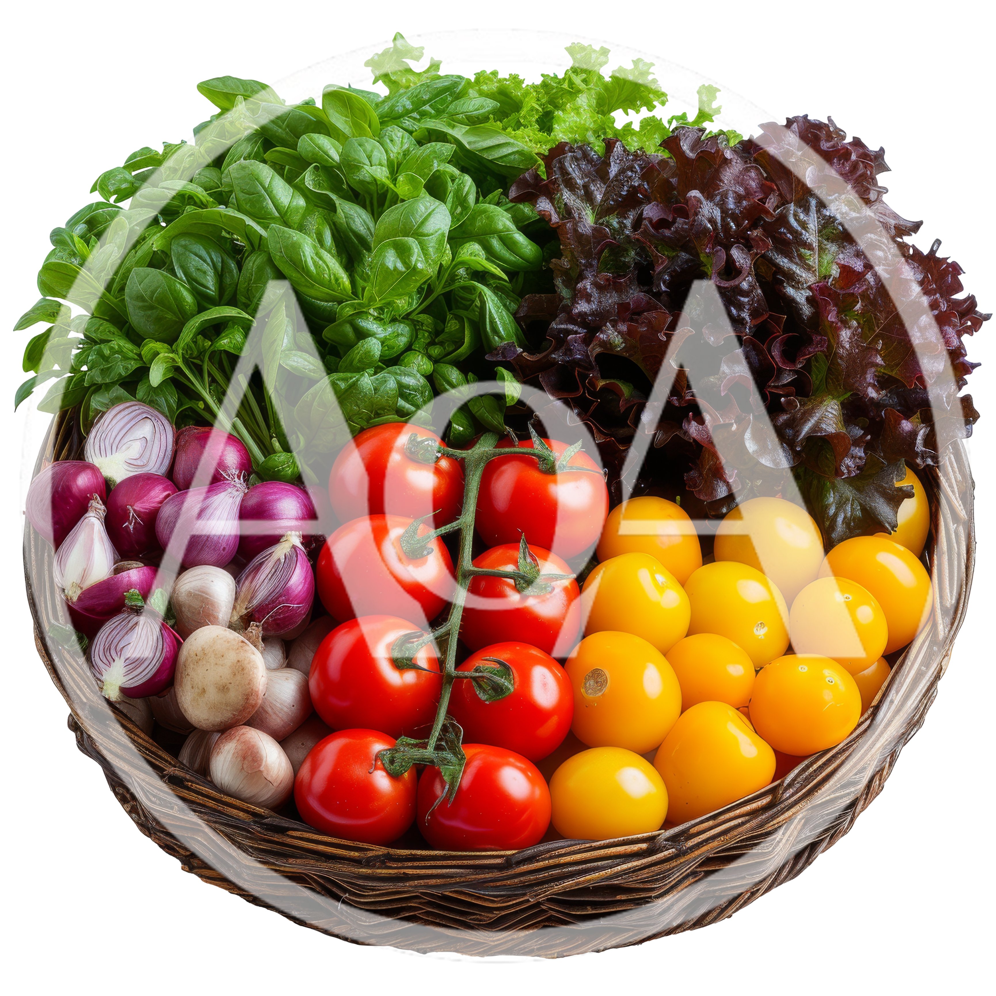 Fresh Vegetables And Herbs In A Wicker Basket