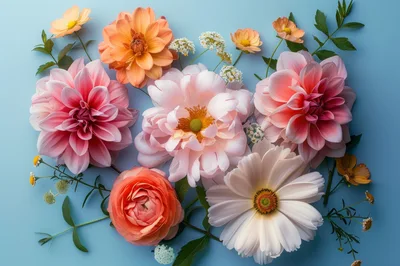 Assorted Pastel Flowers Arranged on Blue Background