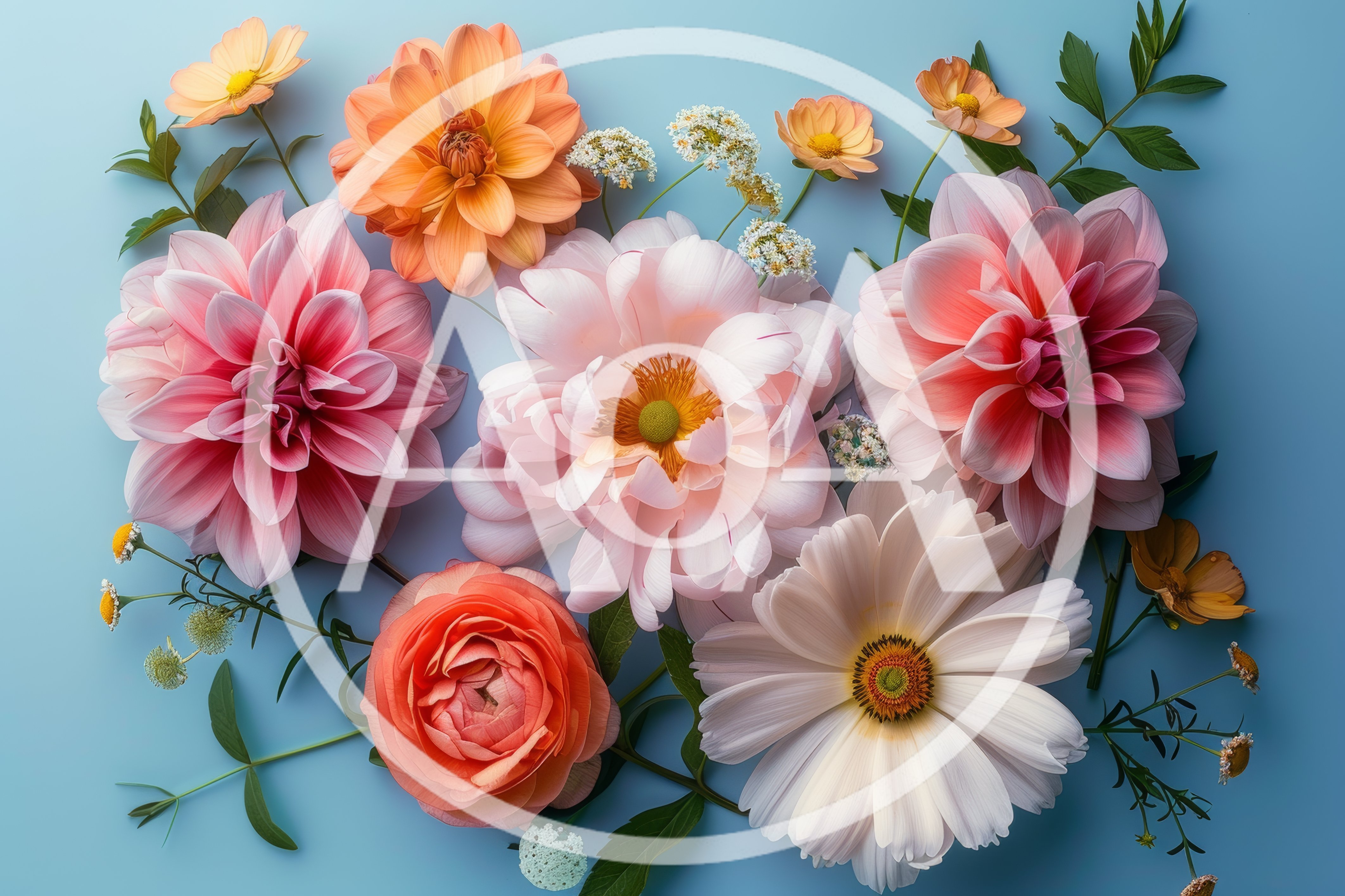Assorted Pastel Flowers Arranged on Blue Background