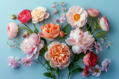 Assorted Pastel Peonies and Roses on Blue Background