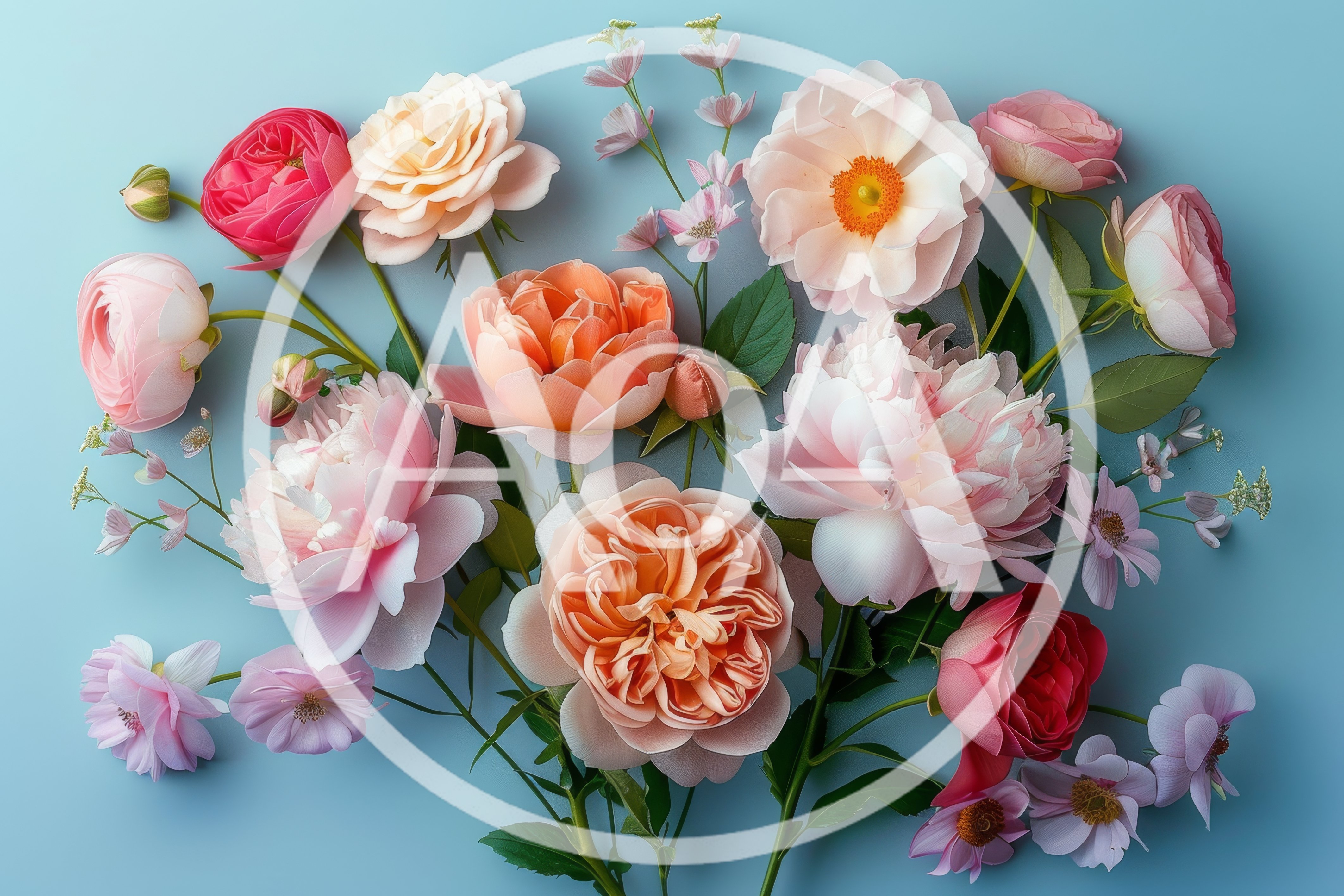 Assorted Pastel Peonies and Roses on Blue Background